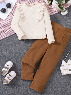 Apricot ruffled ribbed top and brown corduroy pants set for baby girls