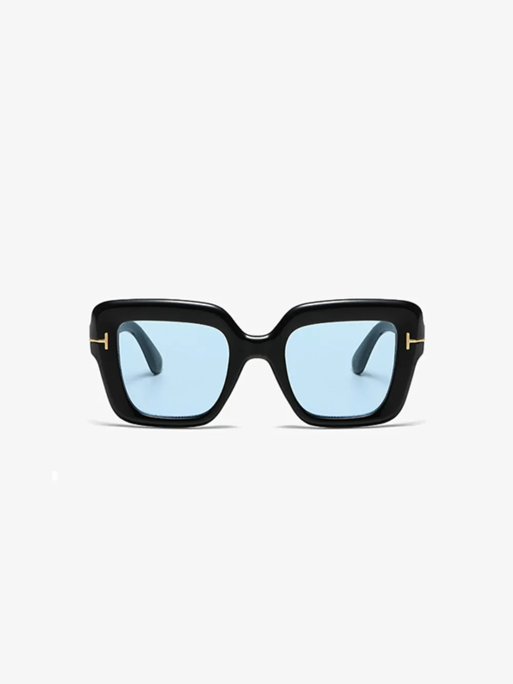 Black geometric acetate sunglasses with light blue tinted lenses and gold accents.