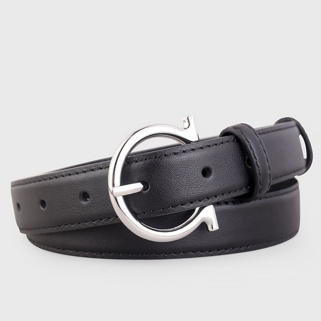 Black cowhide leather belt with silver Omega buckle detail