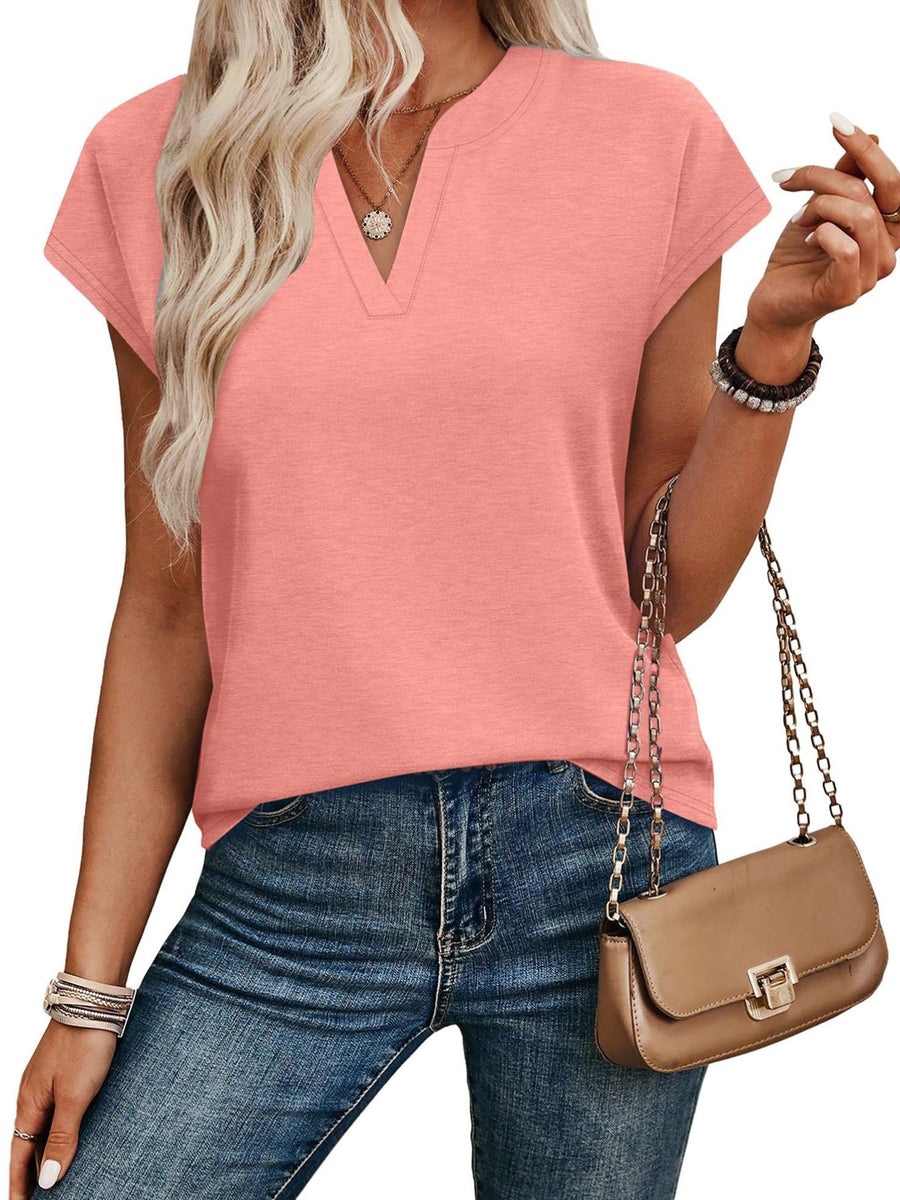 Pink heathered short-sleeve t-shirt with notched V-neck and cuffed sleeves.