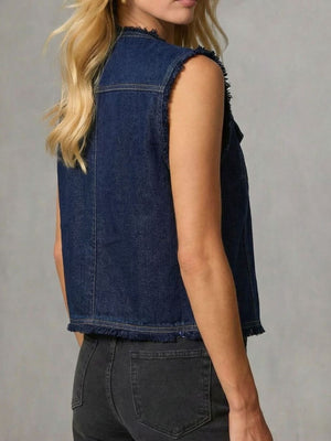 Dark navy denim vest with frayed hem and button front detail.