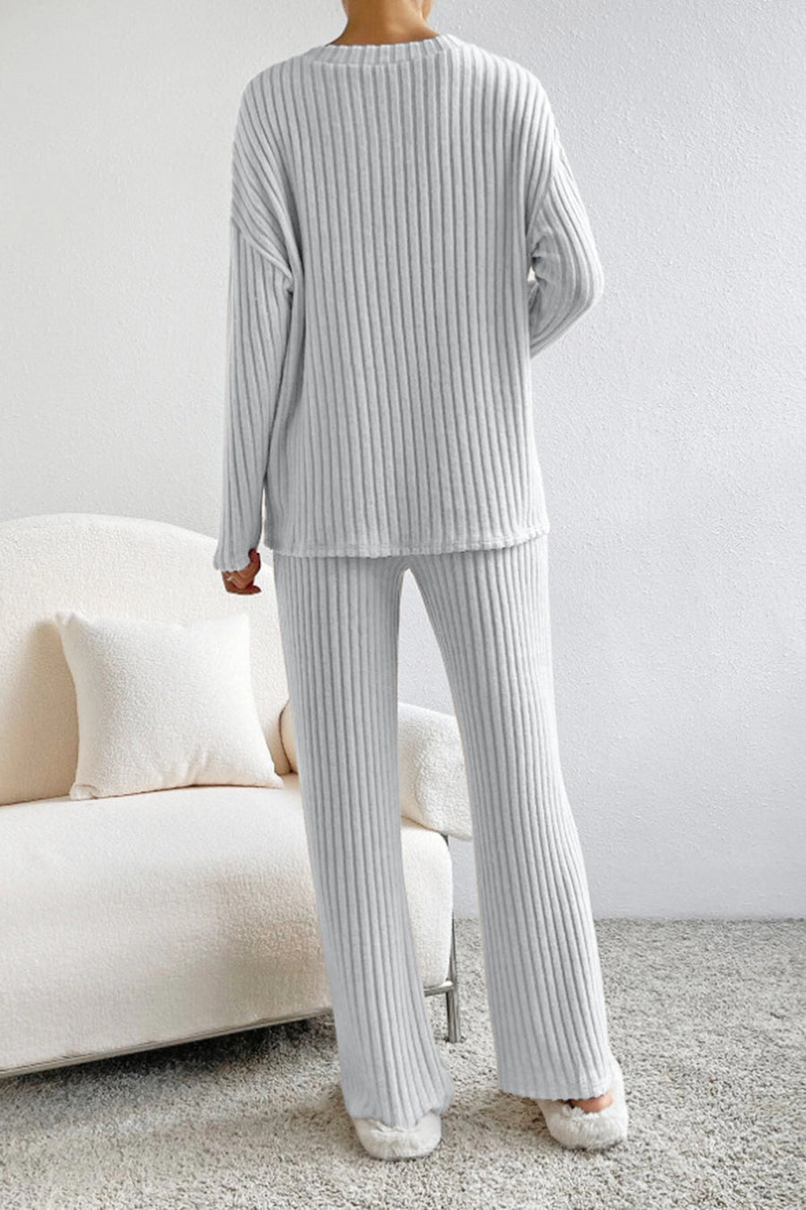 Light Gray ribbed knit lounge set with crew neck top and wide leg pants.