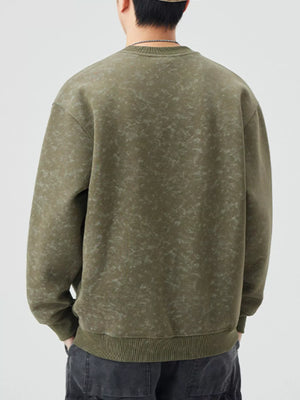 Men's plus-size long-sleeve sweatshirt in Army Green with a marbled pattern and crew neck.