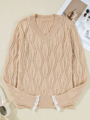 Elegant Pearl Embellished Sweater With Lace option 5