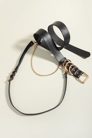 Black PU leather harness belt with gold chain detail and multiple rings.