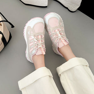 Chunky-Sole Round Toe Lace Up Sneakers in light gray with round toe