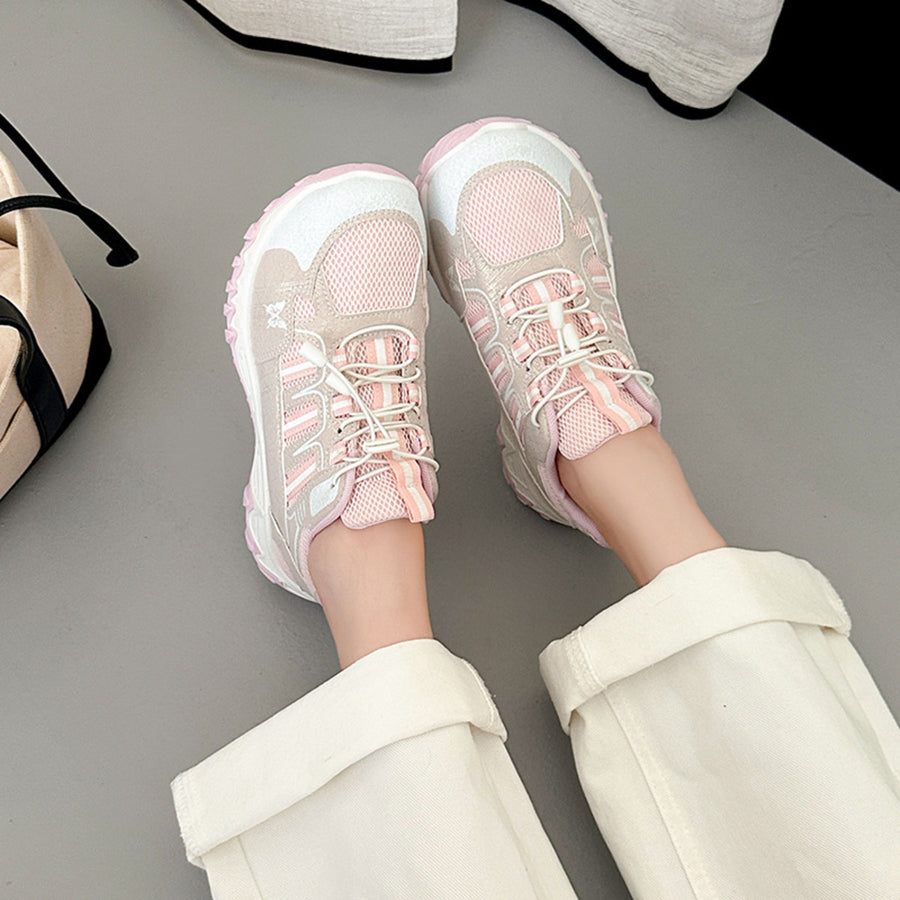 Chunky-Sole Round Toe Lace Up Sneakers in light gray with round toe
