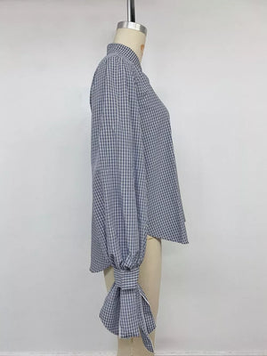 Gingham Button Up Shirt With Tie-sleeve Detail in Navy