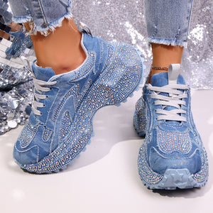 Blue rhinestone high-heel platform sneakers with lace-up closure and chunky sole.