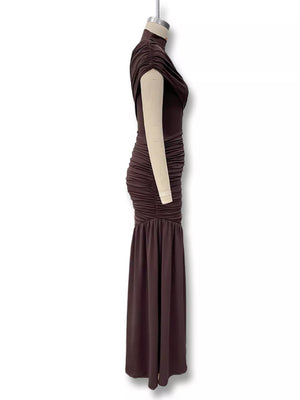 Brown ruched asymmetrical mock neck maxi dress with draped detail