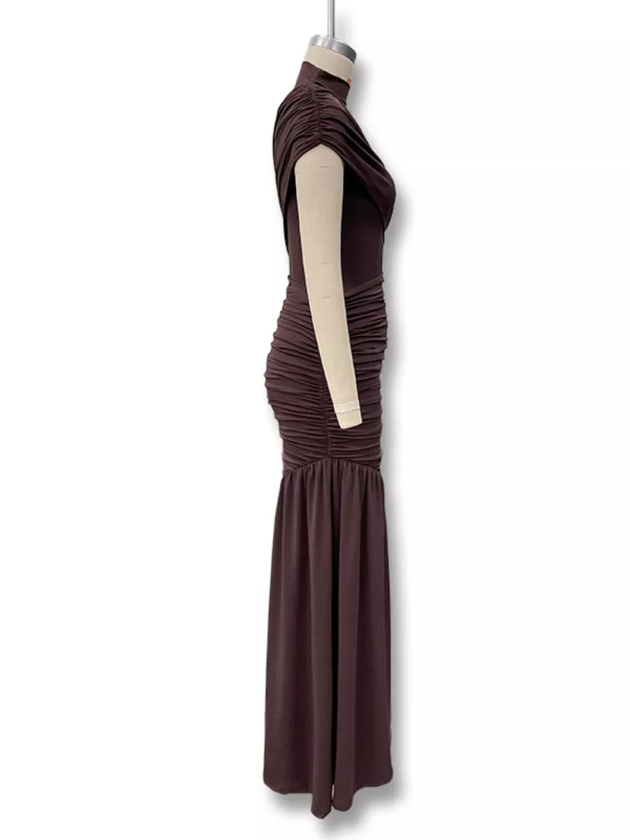 Brown ruched asymmetrical mock neck maxi dress with draped detail