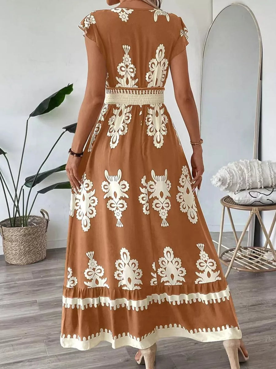 Ruffled Printed V-neck Maxi Dress in Moss