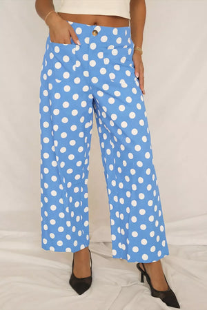 Blue polka dot cropped pants with pockets and a button closure.
