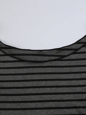 Grey striped t-shirt with boat neck and black trim detail