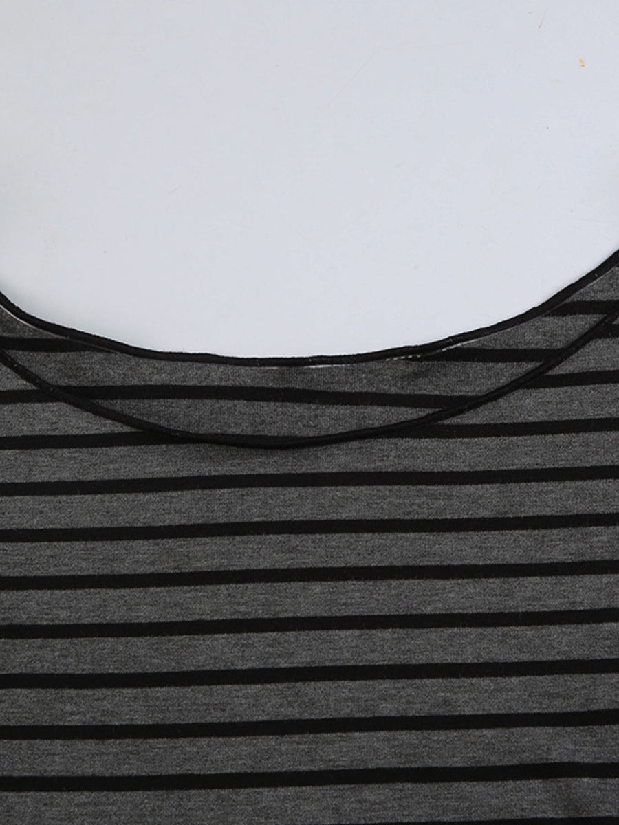 Grey striped t-shirt with boat neck and black trim detail