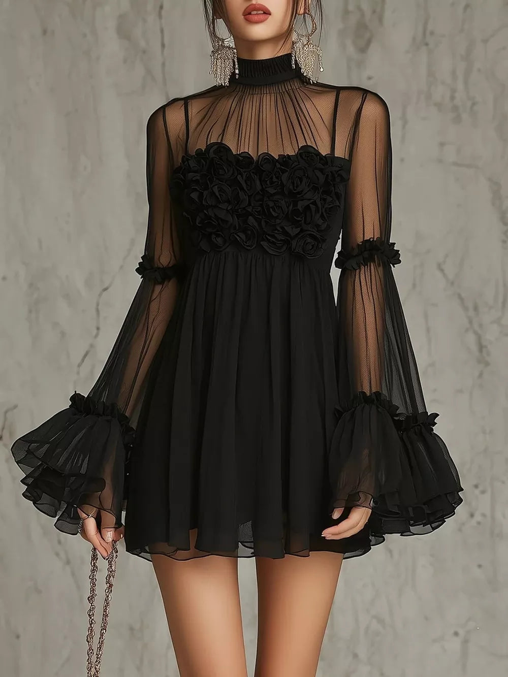 mini dress in black featuring mesh and fit-and-flare fit