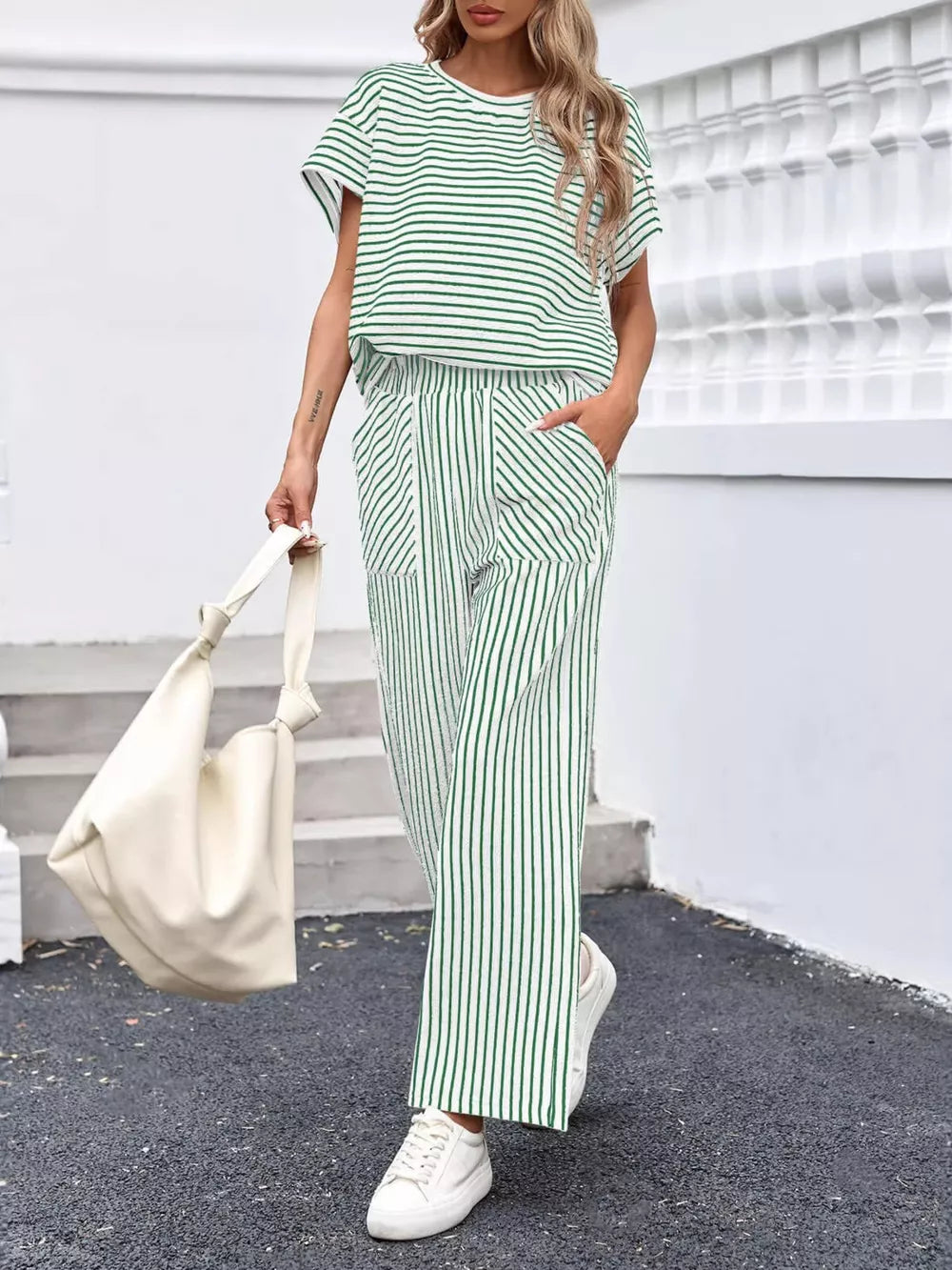 two-piece set in Cream White with round neck and short sleeve