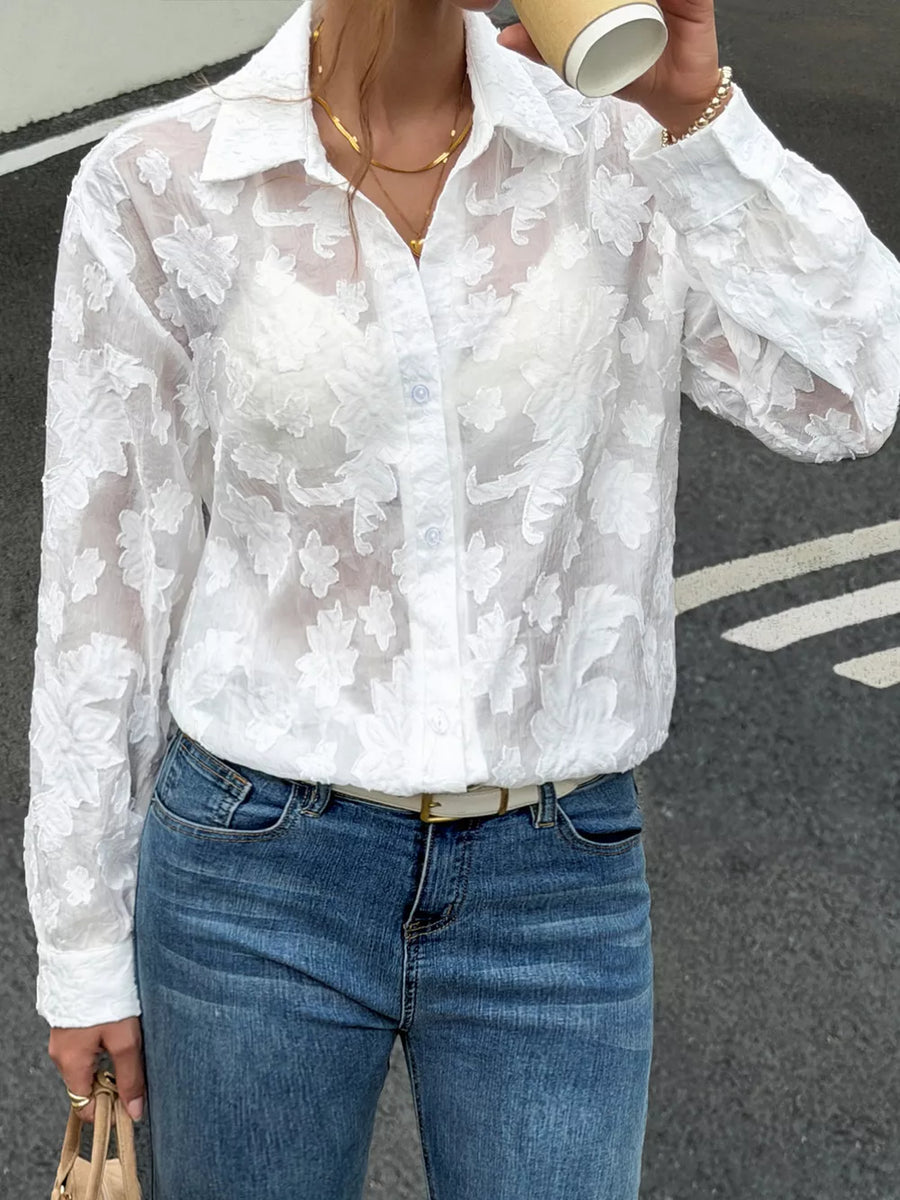 White with Sheer Floral Button Up Shirt