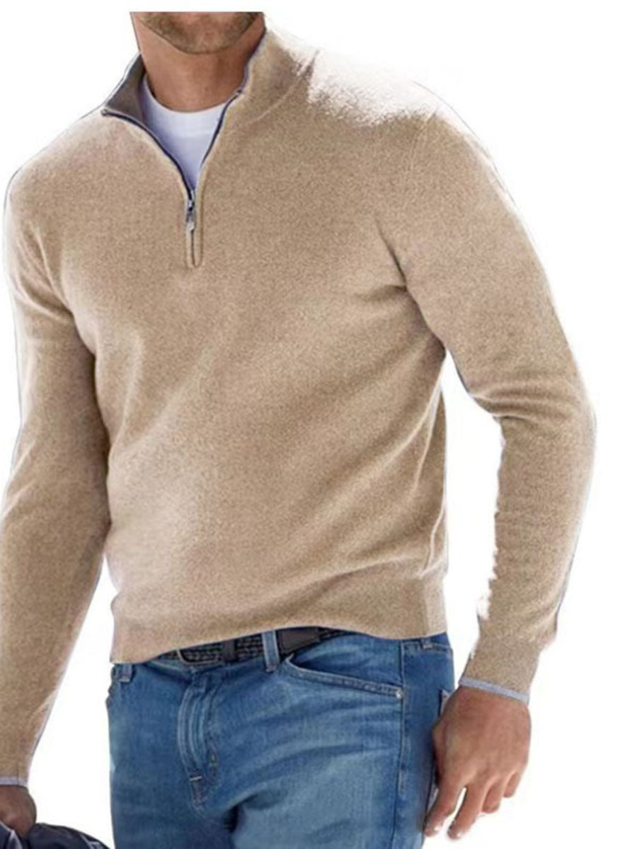 classic zip-up sweater in Beige with mock neck