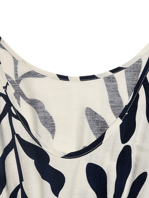 Tropical leaf print belted dress with scoop neck and decorative buttons.
