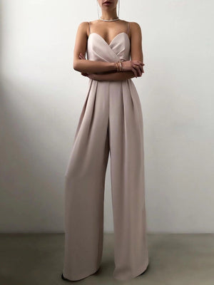 Ruched spaghetti strap wide-leg jumpsuit in Lotus Root with sweetheart neckline and pleats.