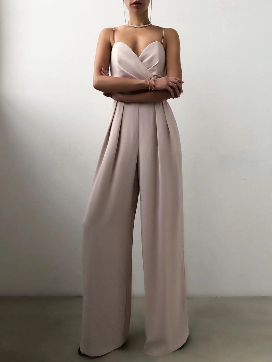 Ruched spaghetti strap wide-leg jumpsuit in Lotus Root with sweetheart neckline and pleats.