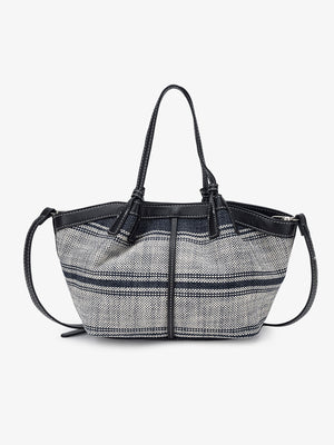 crossbody bag in navy blue with striped and leather trim