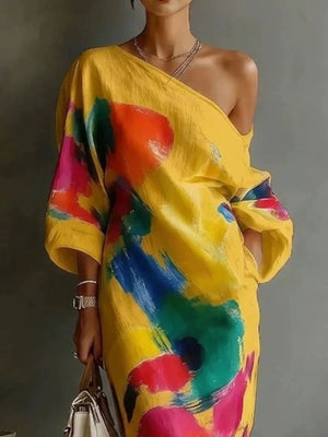 artsy maxi dress in Yellow with one-shoulder