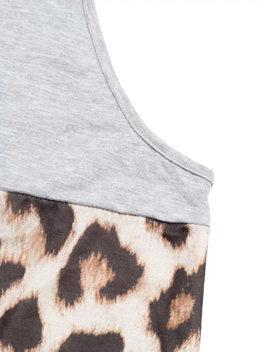Leopard print halter tank top with a grey color block detail.