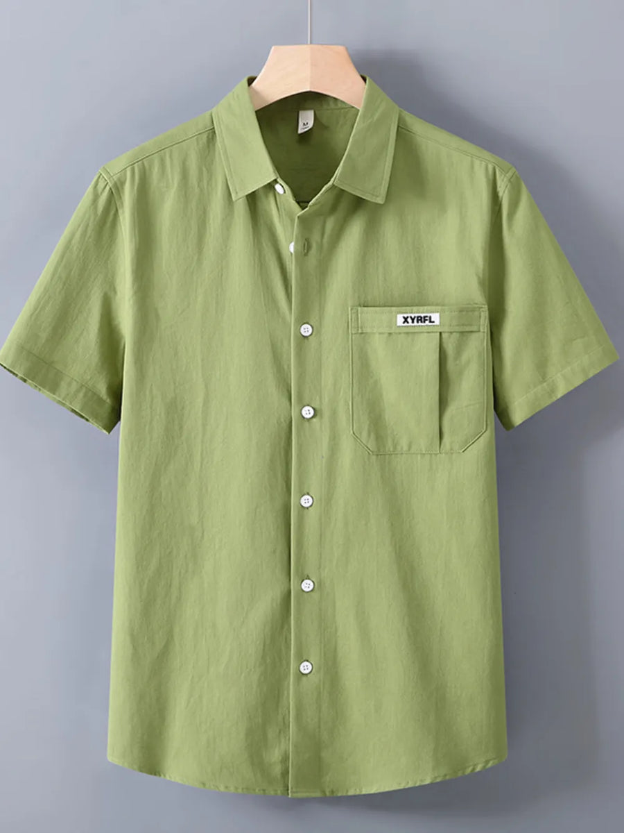 Lime short-sleeve button-up shirt with chest pocket and white buttons