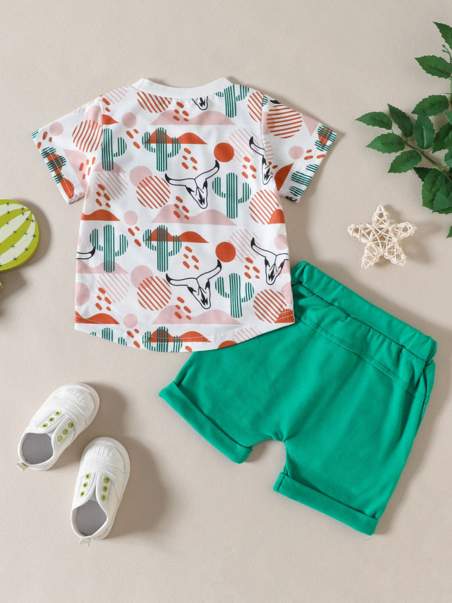 Baby set with cactus and bull skull print white tee and green shorts