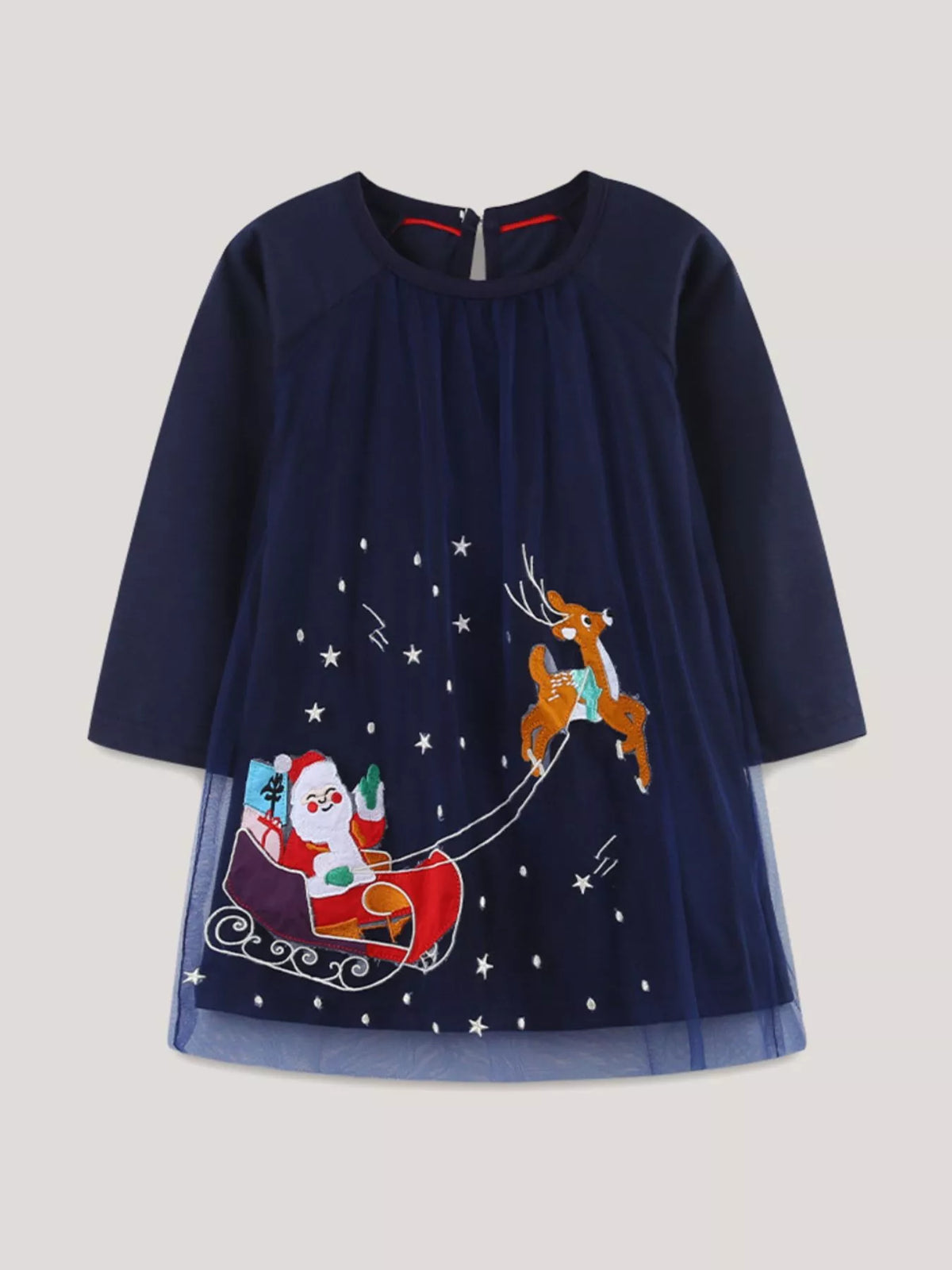 Navy embroidered tulle Santa dress with reindeer and sleigh design.