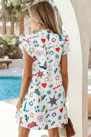 White mini dress with western-inspired cacti, cowboy boots, hearts, and text print, flutter sleeves
