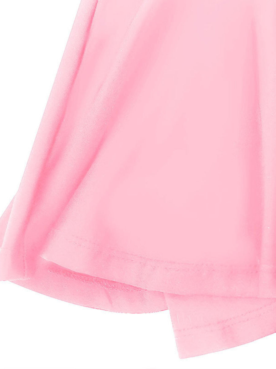 Pink ruffled hem dress detail showing layered fabric and stitching.
