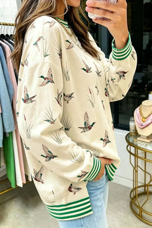 Whimsical Duck Print Sweatshirt in Beige