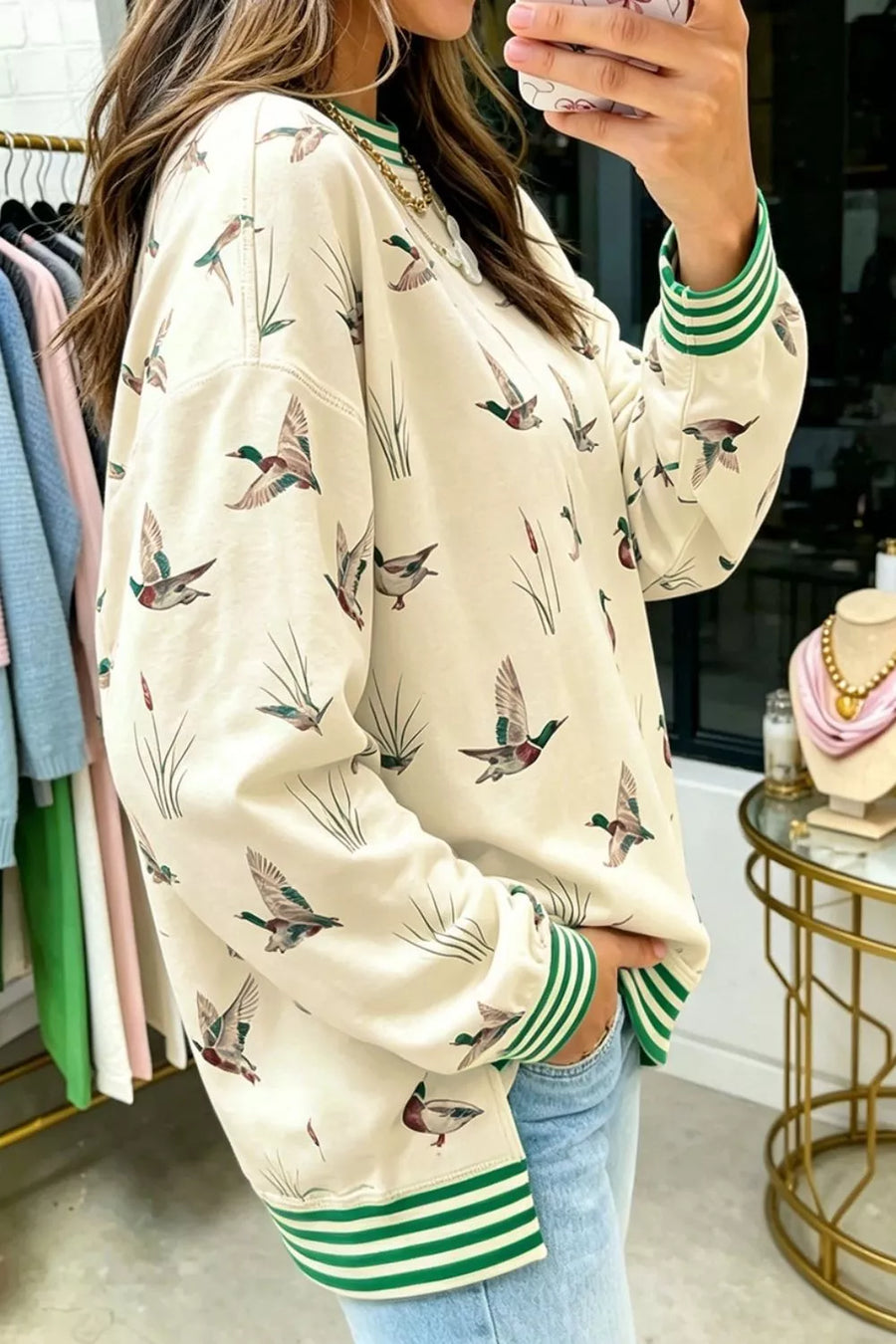 Whimsical Duck Print Sweatshirt in Beige
