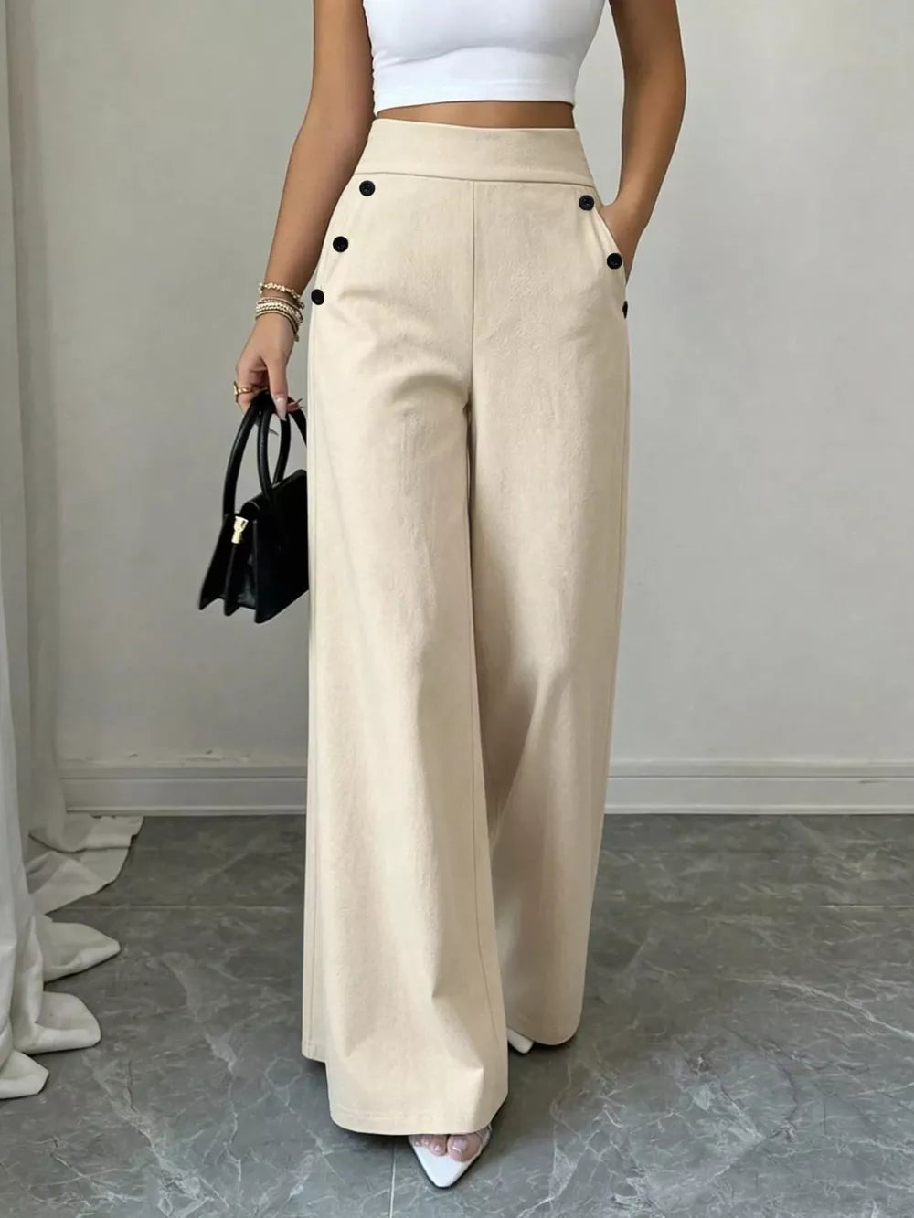 100% polyester Care instructions: Machine wash cold wide-leg pants in Navy with flared silhouette