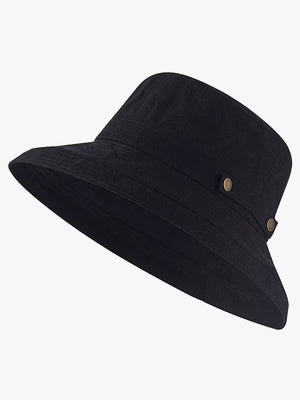 Black cotton bucket hat with wide brim and brass hardware detail
