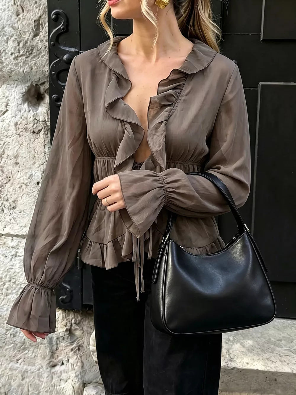 Ruffled V-neck Long Sleeve Blouse in Brown