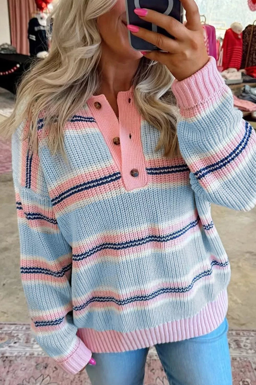 Striped Button Collar Long Sleeve Knit Sweater option 5