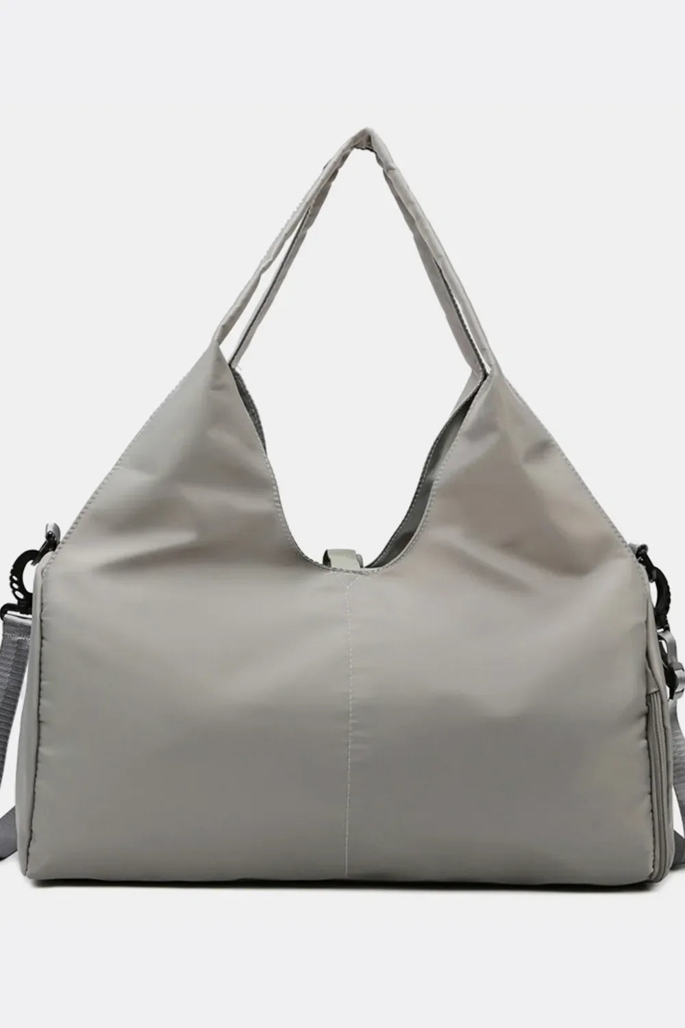 Gray duffel bag with dual top handles and detachable shoulder strap.