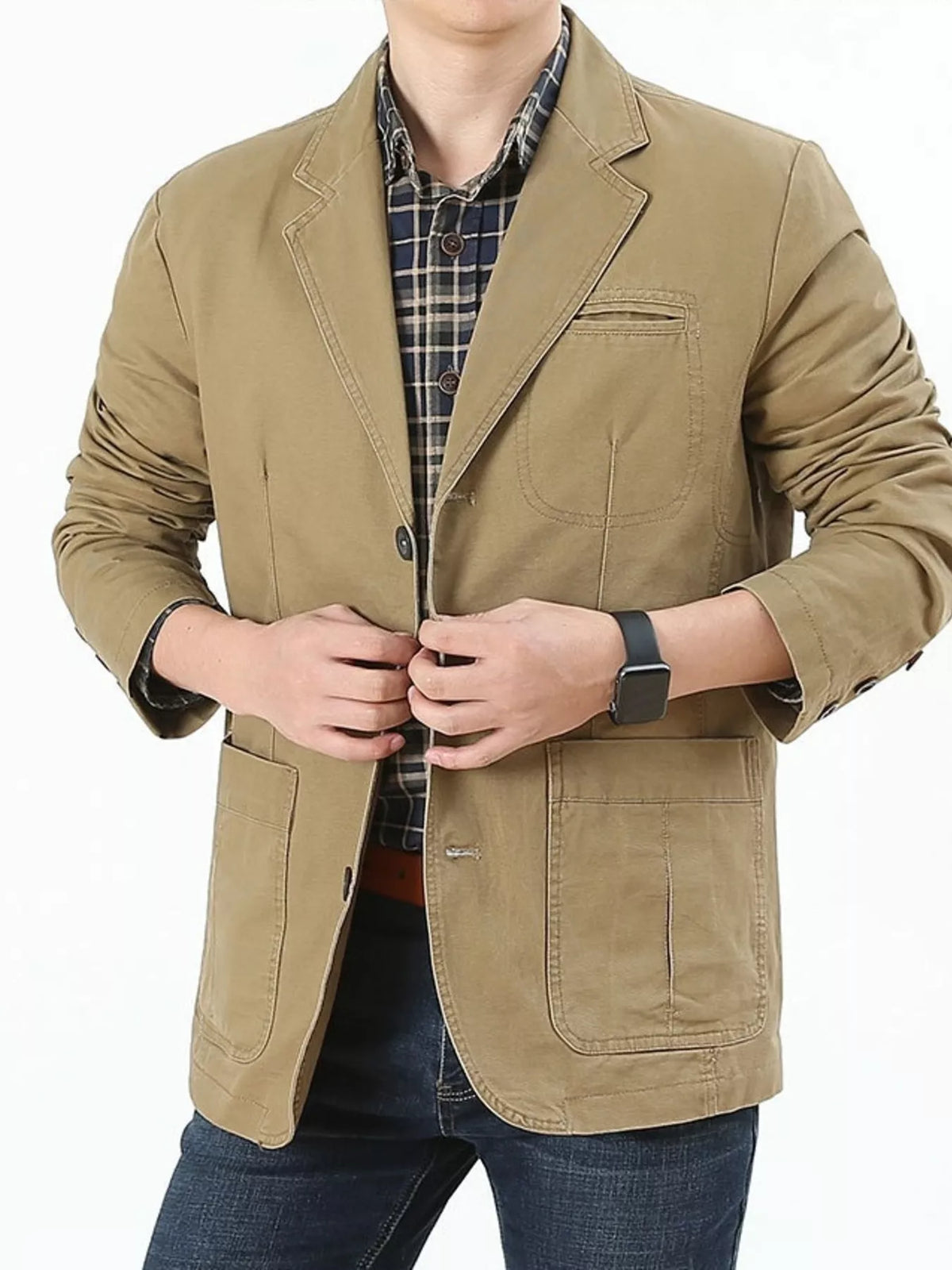 Khaki cotton button-up blazer with patch pockets and a plaid shirt.