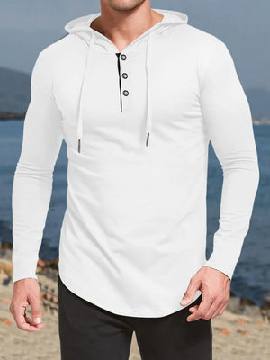 White Henley hooded tee with button placket and curved hem