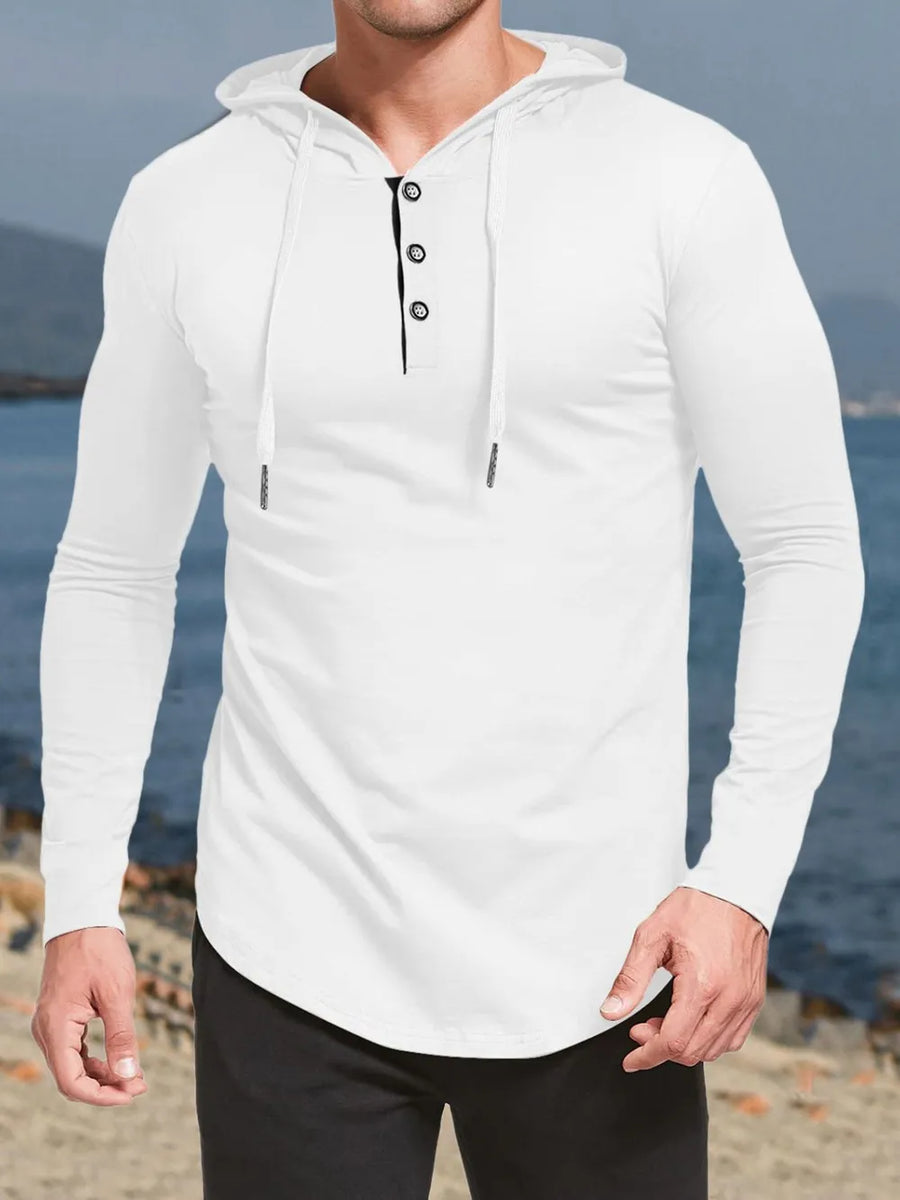 White Henley hooded tee with button placket and curved hem