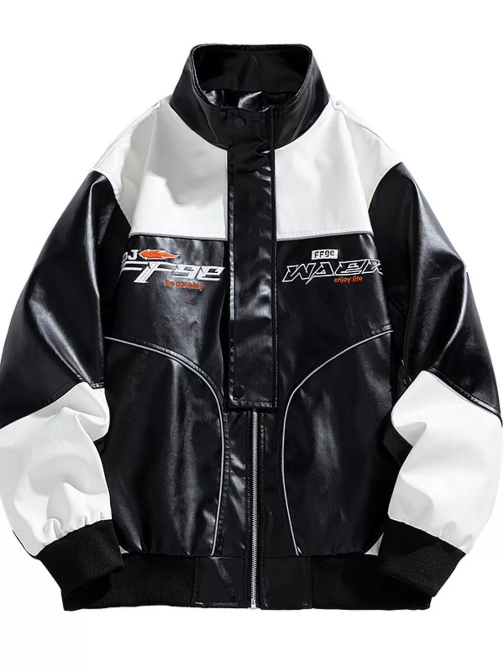 Black and white colorblock leather racing jacket with bold graphics and a stand collar.