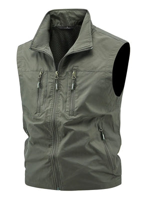 Men's khaki multi-pocket outdoor vest with zipper closure and stand-up collar.