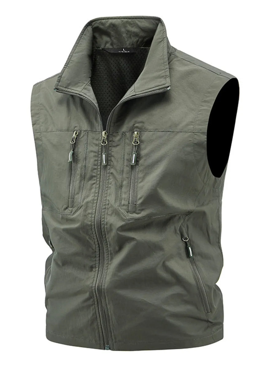 Men's khaki multi-pocket outdoor vest with zipper closure and stand-up collar.