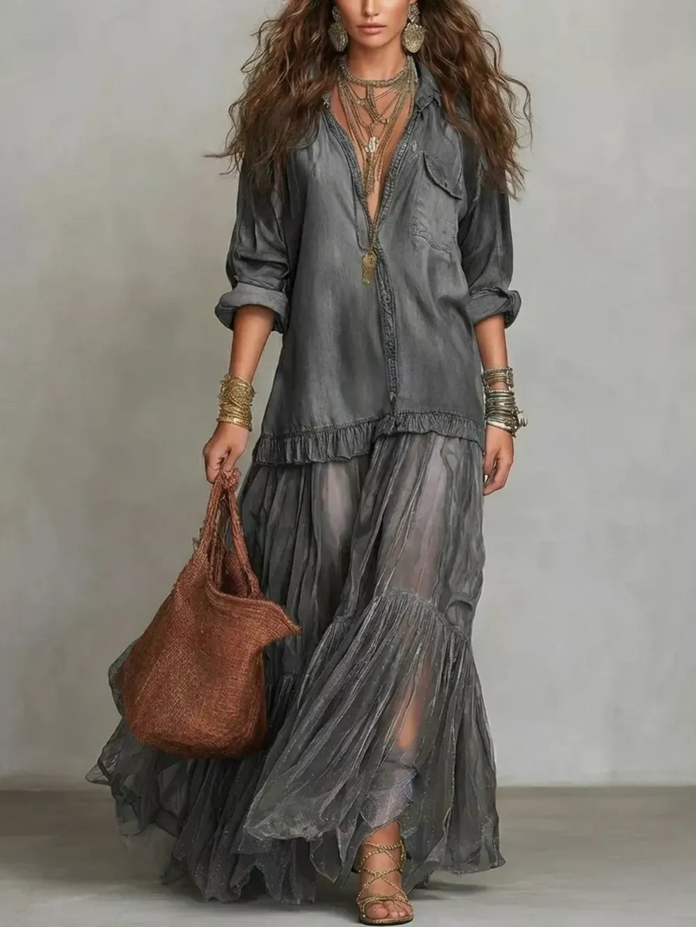 Dark Gray A-line shirt dress with collared