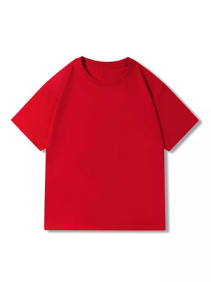 Red 100% cotton crew neck t-shirt with short sleeves.