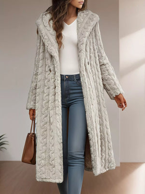Gray hooded longline button up outerwear with textured pattern and side pockets.